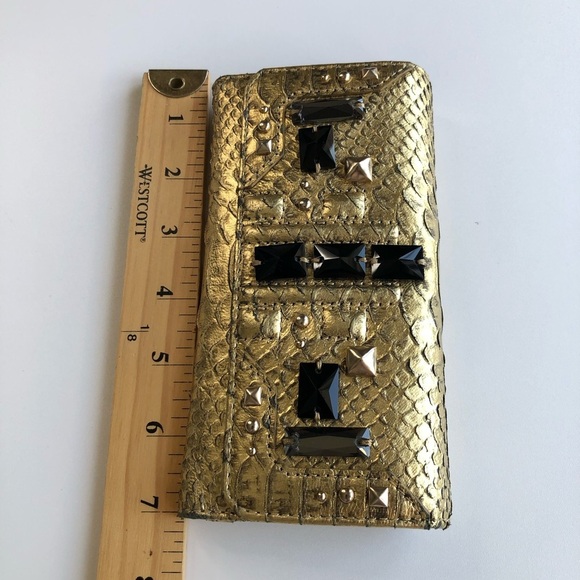 Vintage Juicy Couture Gold Metallic Leather Black Crystals Silver Stud Wallet - Picture 11 of 12